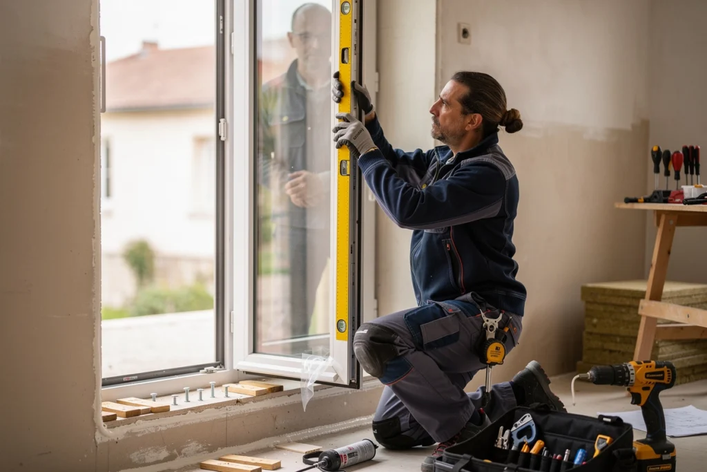 Artisan en train de faire une pose de fenêtre