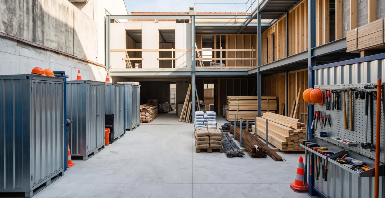 Vue d'ensemble d'un chantier de rénovation organisé avec conteneurs modulaires de stockage, système de rangement vertical pour outils et matériaux empilés méthodiquement