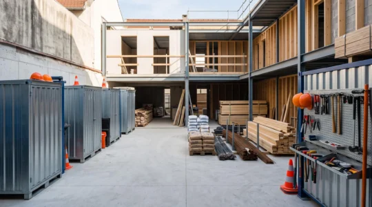 Vue d'ensemble d'un chantier de rénovation organisé avec conteneurs modulaires de stockage, système de rangement vertical pour outils et matériaux empilés méthodiquement