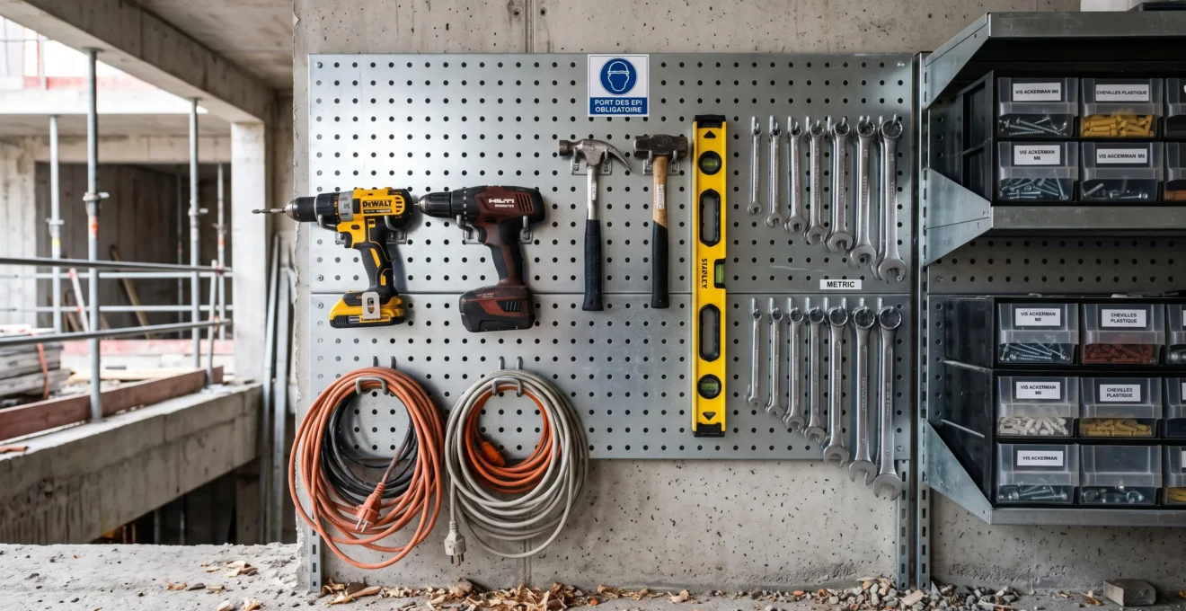 Panneau perforé métallique avec outils de chantier suspendus de manière ordonnée et étagères modulaires avec bacs de rangement sur un chantier