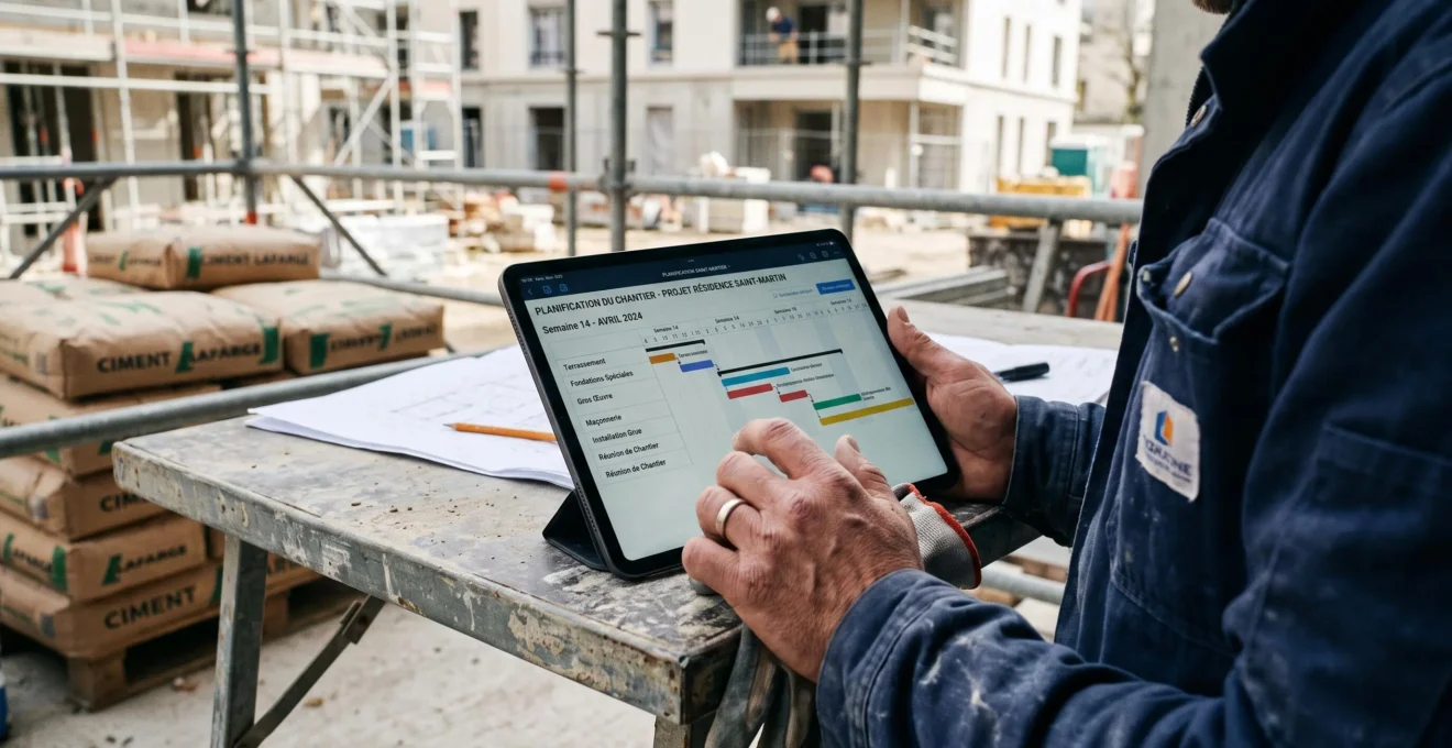 Mains d'un chef de chantier tenant une tablette affichant un planning GANTT de gestion de projet sur une table de chantier avec structure en construction en arrière-plan