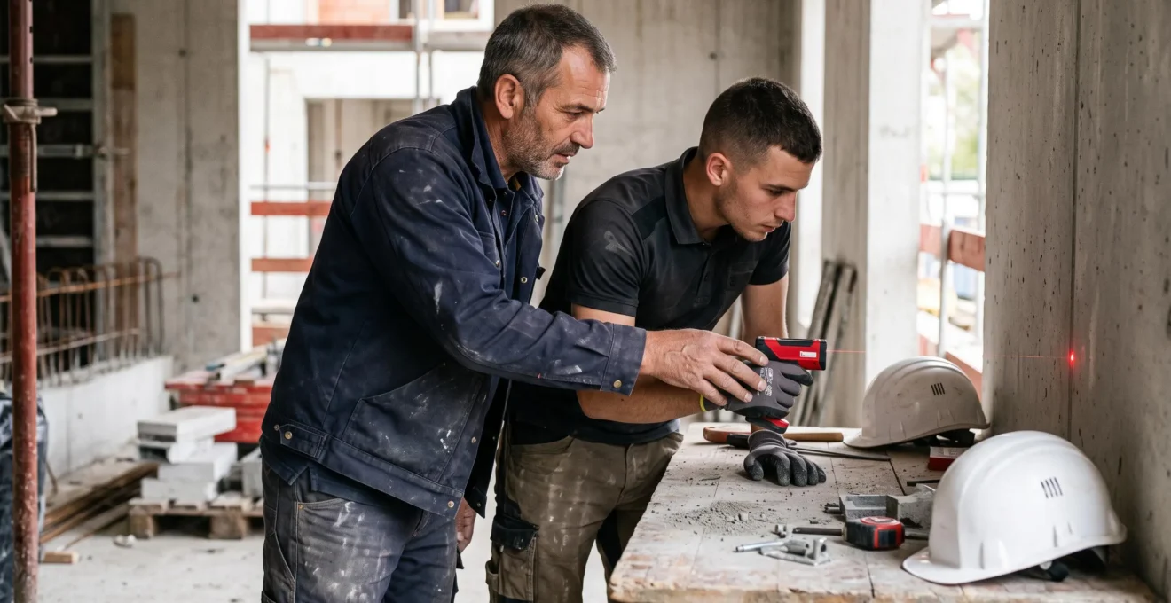 Deux artisans sur un chantier, l'un senior guidant les mains d'un plus jeune sur un outil de mesure électronique lors d'une formation pratique