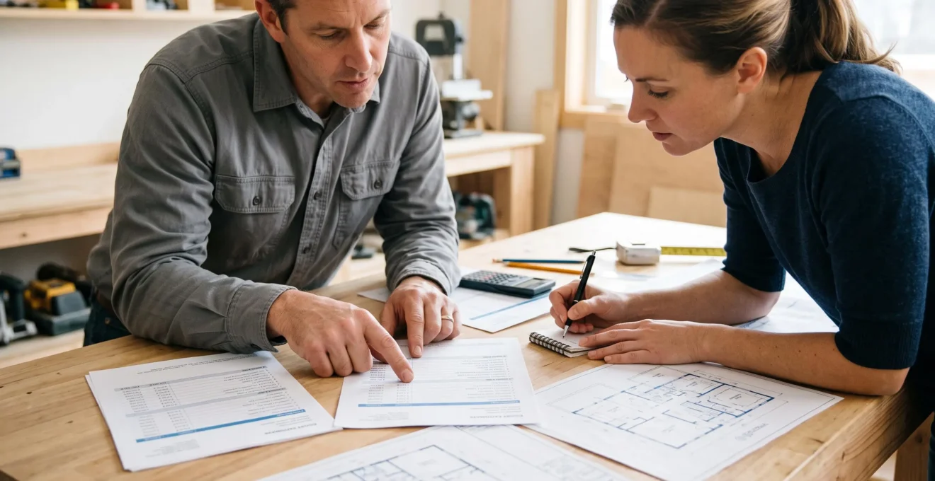 Un artisan et un client examinent ensemble des devis détaillés et des plans sur une table de travail, analysant les postes de dépenses