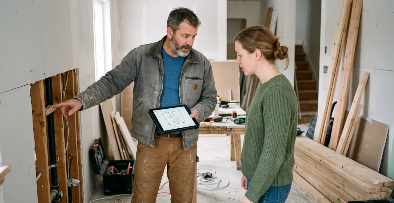 Un artisan expérimenté conseille un propriétaire sur un chantier de rénovation, expliquant les matériaux et les plans sur une tablette