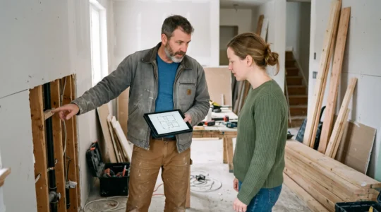 Un artisan expérimenté conseille un propriétaire sur un chantier de rénovation, expliquant les matériaux et les plans sur une tablette