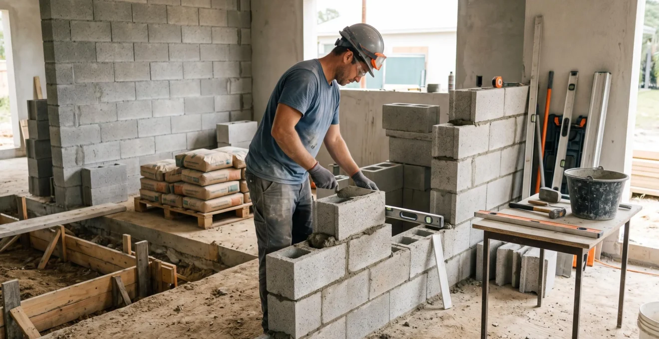 Un maçon installe des blocs de béton cellulaire pour construire un mur sur un chantier de rénovation organisé et professionnel