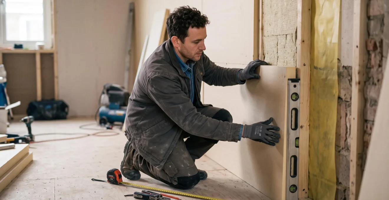 Un technicien spécialisé installe des panneaux d'isolation thermique rigides sur un mur intérieur lors de travaux de rénovation énergétique