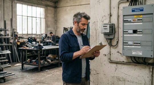 Un dirigeant de TPE relève son compteur électrique dans son atelier.