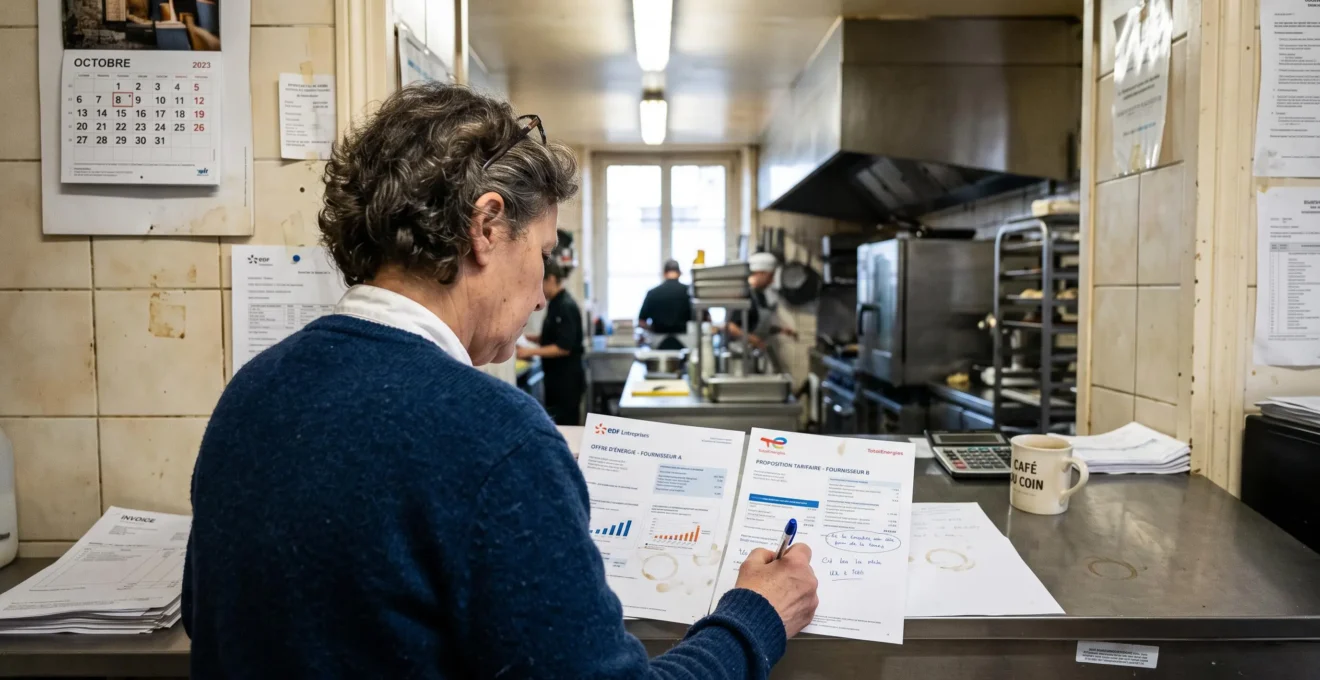 Un dirigeant annote plusieurs offres de contrat d'énergie côte à côte.