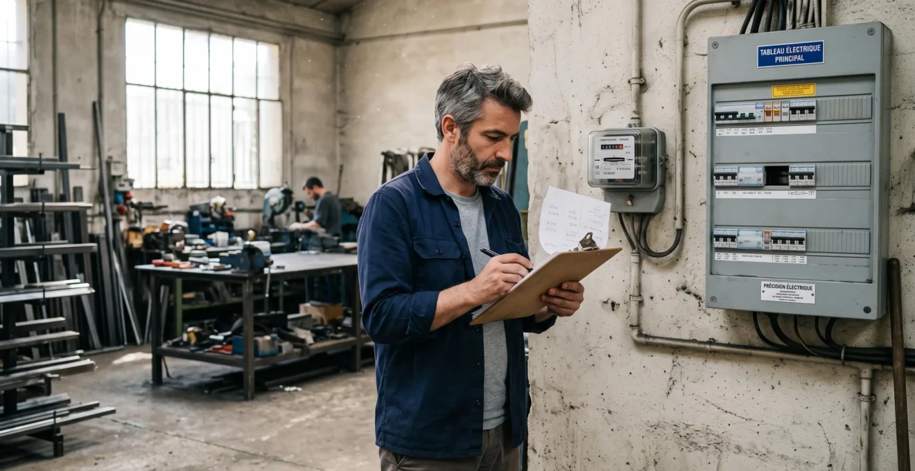 Un dirigeant de TPE relève son compteur électrique dans son atelier.