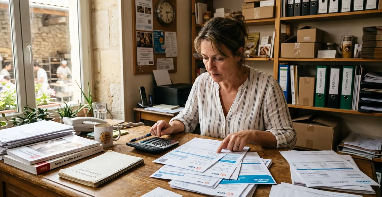 Une gestionnaire compare plusieurs factures d'énergie posées sur un bureau.