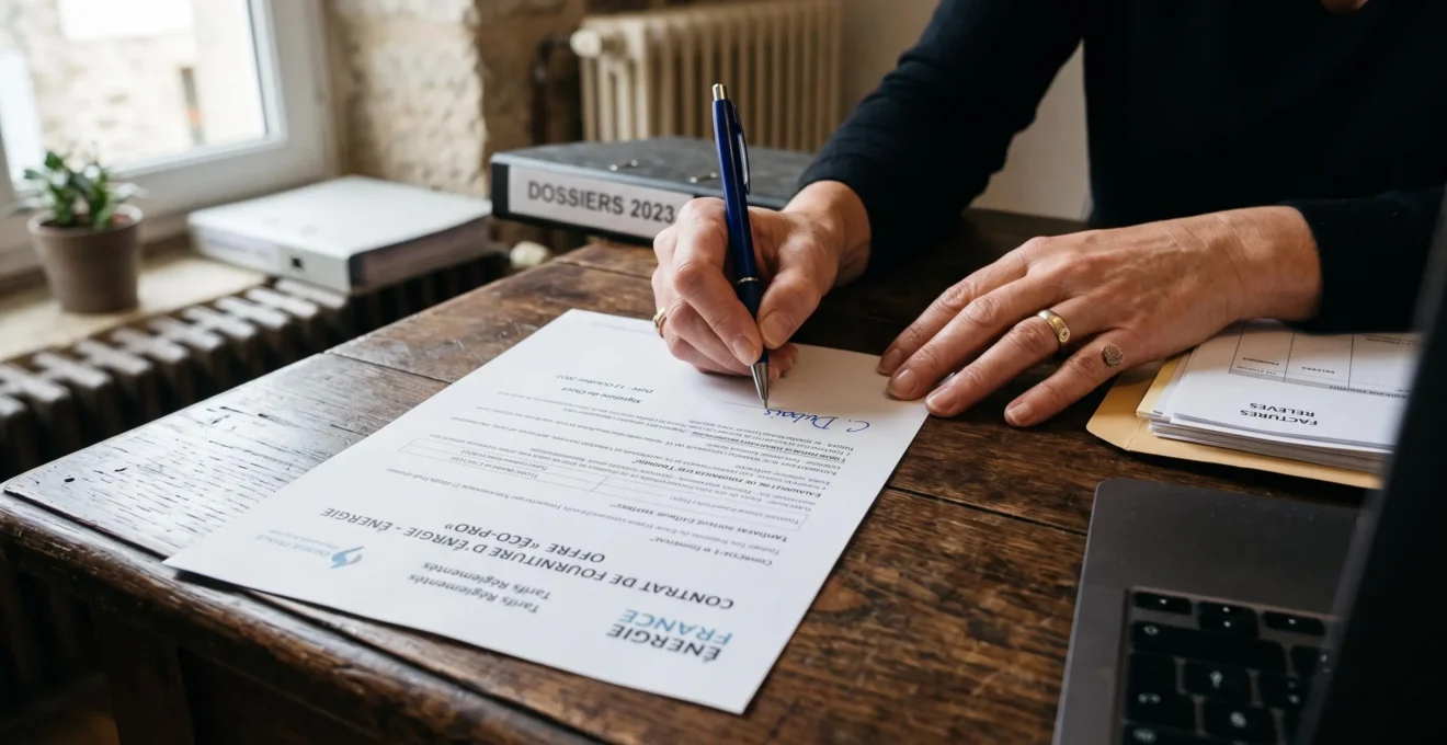 Des mains signent un contrat d'énergie au bord d'un bureau.
